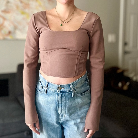 Abercrombie & Fitch Long Sleeve Corset Scoop Neck Top - Taupe Brown - Size S - Picture 1 of 13